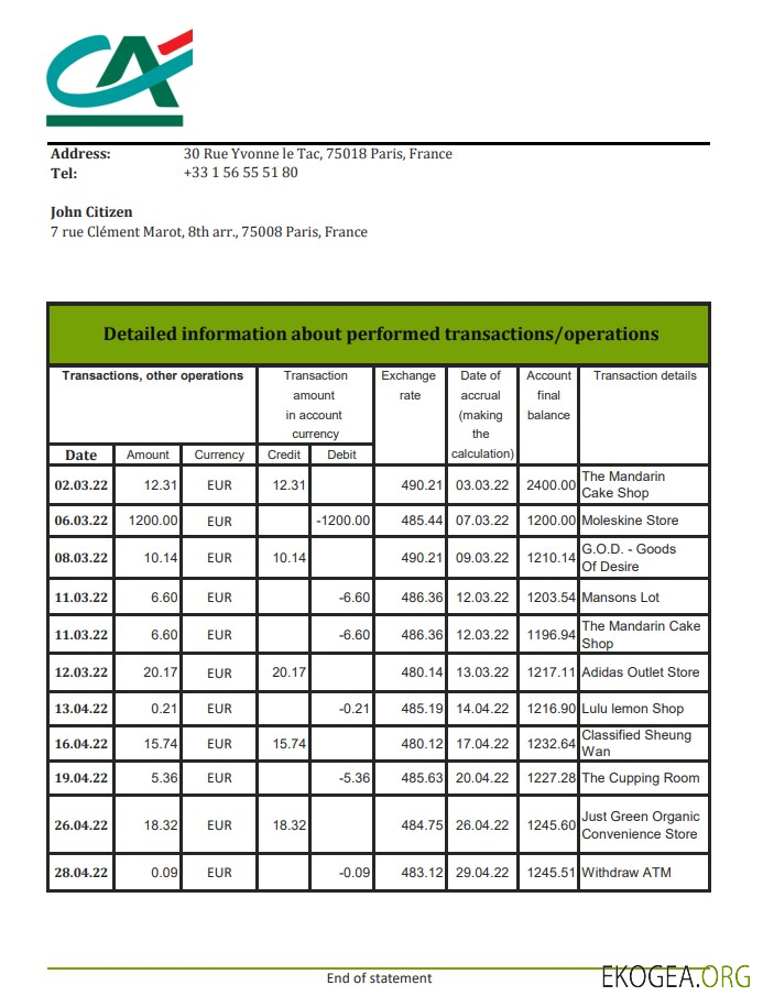 France Crédit Agricole Relevé bancaire xls